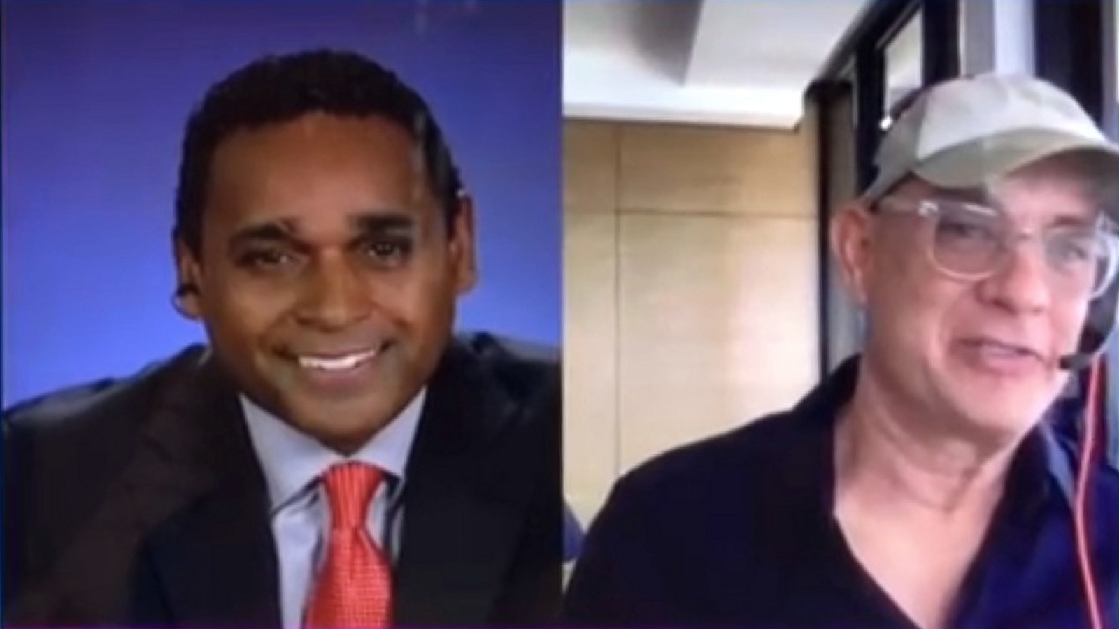 Dwayne Ballen at left and Tom Hanks speaking at right during a one-on-one interview