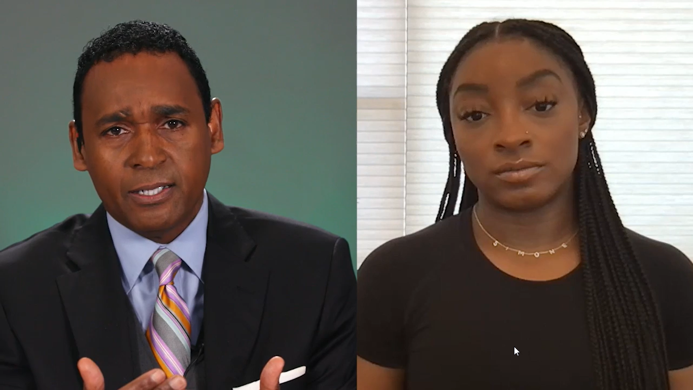 Dwayne Ballen in a split-screen interview with Olympic gymnast Simone Biles