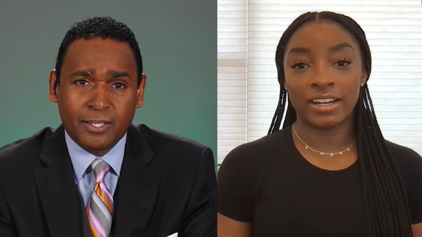 Split-screen interview: Dwayne Ballen on the left, gymnast Simone Biles on the right