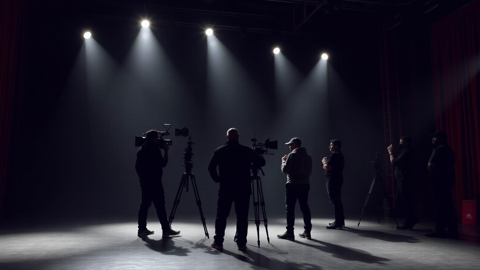 Film crew silhouetted on a dark soundstage